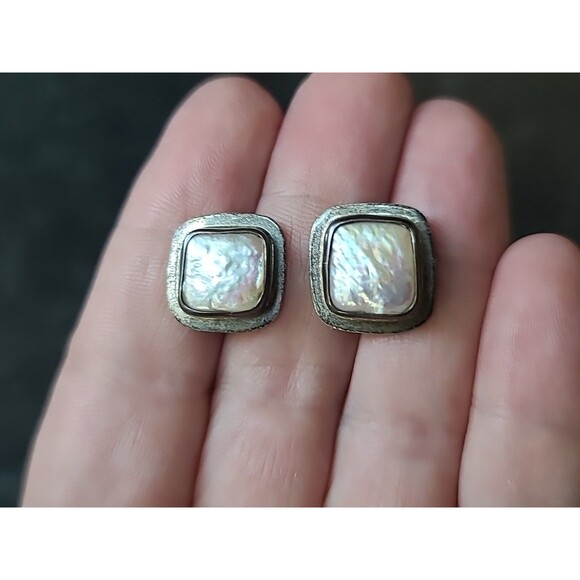 925 Sterling Silver Real Pearl Square Shaped Stud Earrings Vintage - Picture 1 of 10
